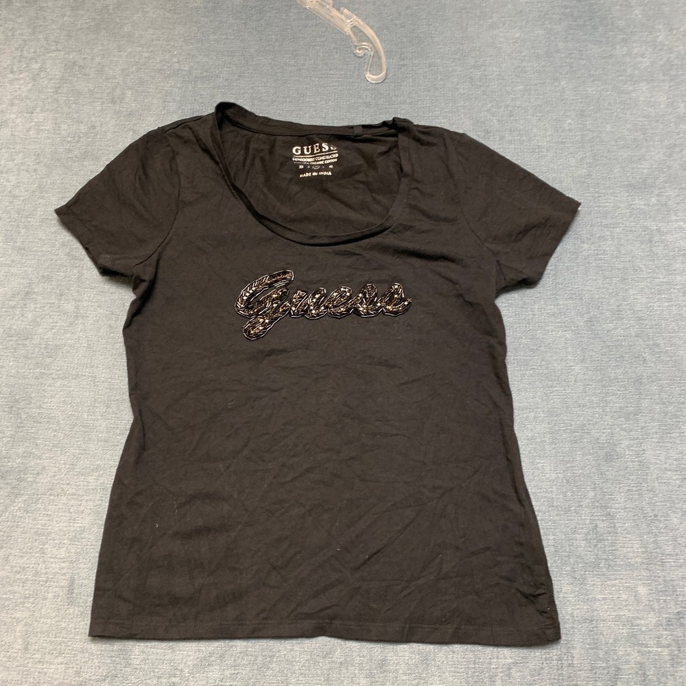 Guess Consciously Constructed T Shirt Womens Medium Black Cotton Sequin Logo